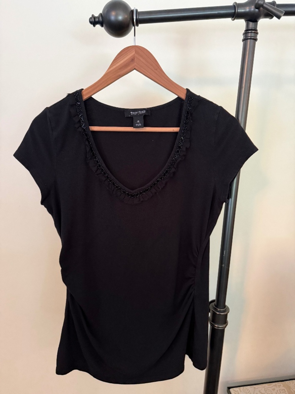 White House Black Market Black Beaded V-Neck Ruched Top M